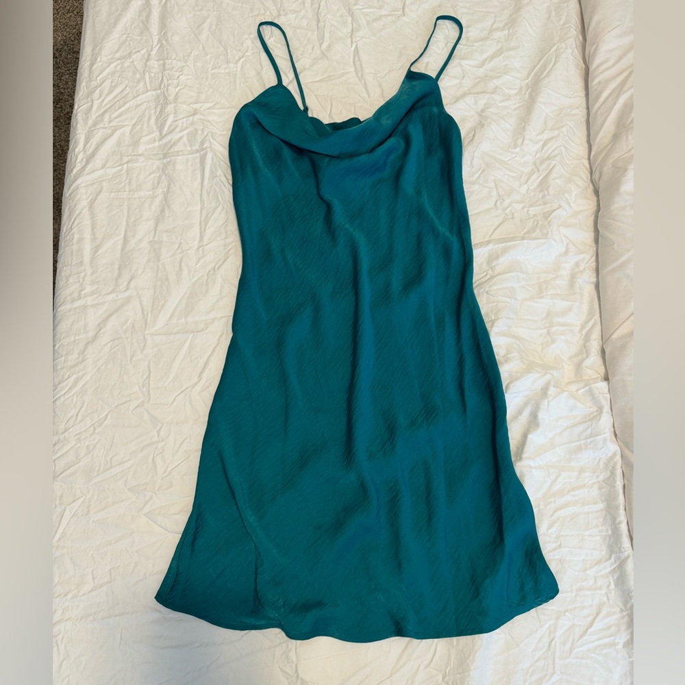 Forever 21 Teal Blue Satin Cowl Mini Slip Dress Size Small